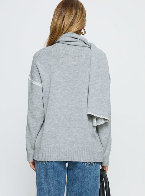 back view of model wearing Princess Polly Keriana Contrast Stitch Knit Sweater Grey / White Long 