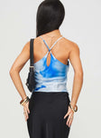 back view of model wearing Princess Polly Bannits Top Blue Sleeveless V-Neck 