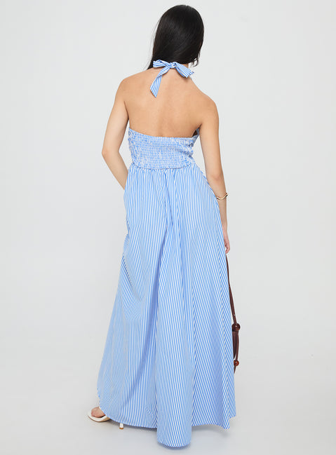 Ivie Halter Plunge Maxi Dress Blue Stripe | Princess Polly Ivie Halter Plunge Maxi Dress Blue Stripe | Princess Polly