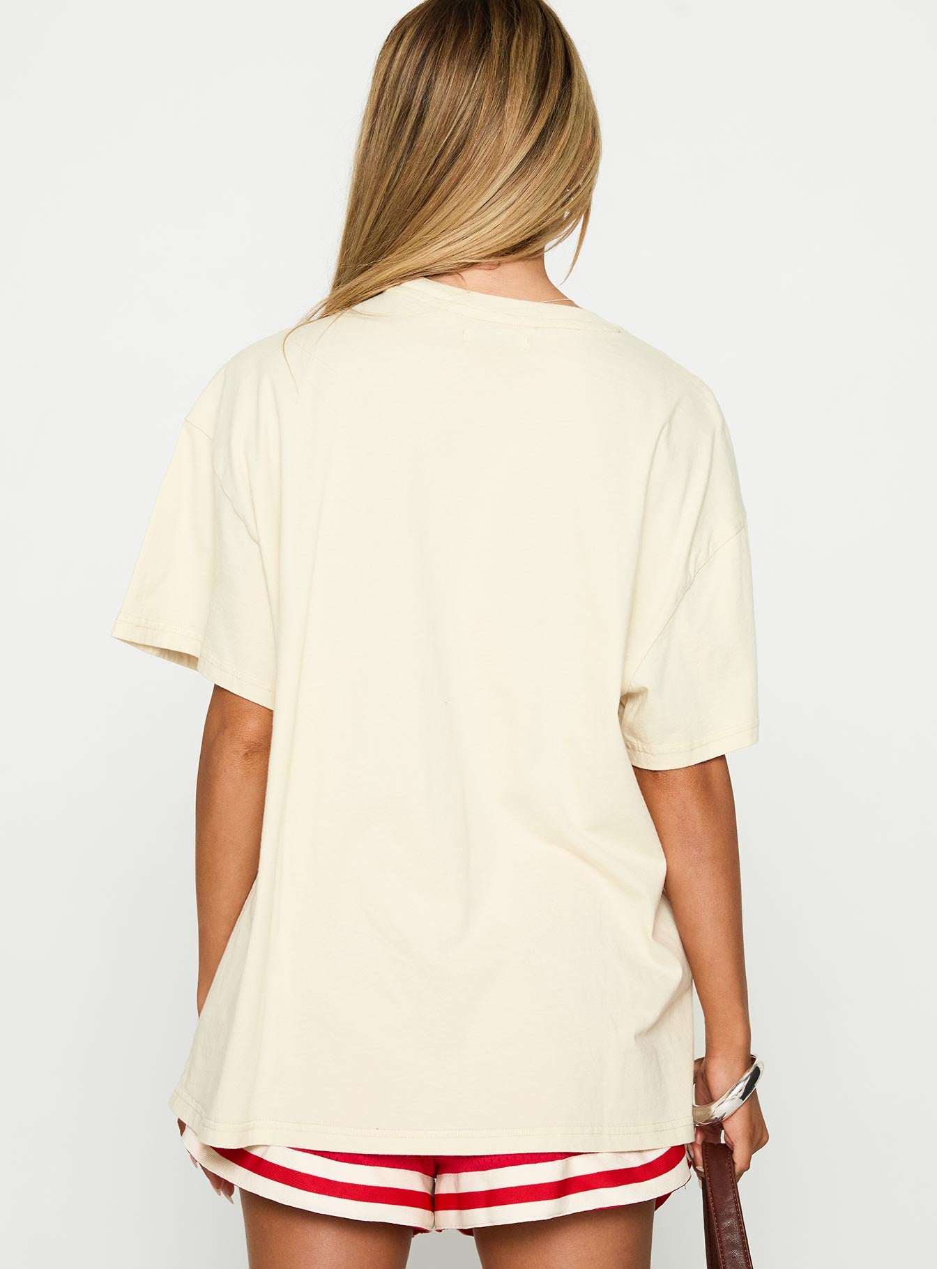 back view of model wearing Princess Polly Born To Live Wild Graphic Top White Half Sleeves Crew Neck 