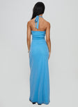 back view of model wearing Princess Polly Merielle Maxi Dress Blue Scoop Neck 