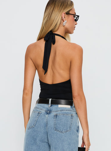 Kendrae Plunge Halter Bodysuit Black