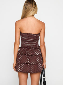 back view of model wearing Princess Polly Sunkiss Frill Mini Dress Brown Polka Straight Neck 