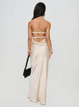 back view of model wearing Princess Polly Faviola Strapless Maxi Dress Champagne Sweetheart Neckline 