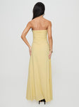 back view of model wearing Princess Polly Anamaria Strapless Maxi Dress Lemon Straight Neck 