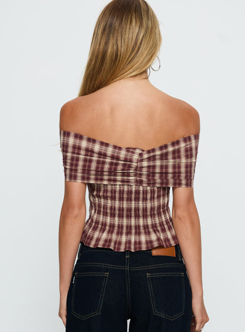 Avalynn Off Shoulder Shirred Top Brown Check