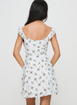 back view of model wearing Princess Polly True Lives Mini Dress White Floral Sweetheart Neckline 