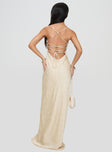 back view of model wearing Princess Polly Esti Maxi Dress Champagne Cowl Neck 