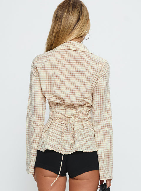 Eryx Tie Back Button Up Top Apricot Check