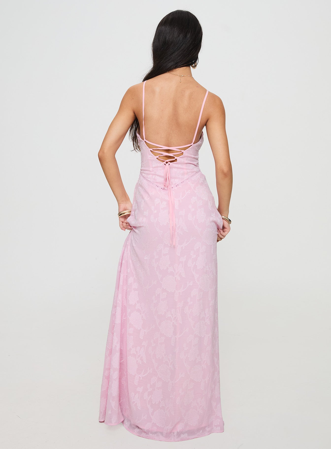 back view of model wearing Princess Polly South Of France Maxi Dress Pink Petite Square Neck