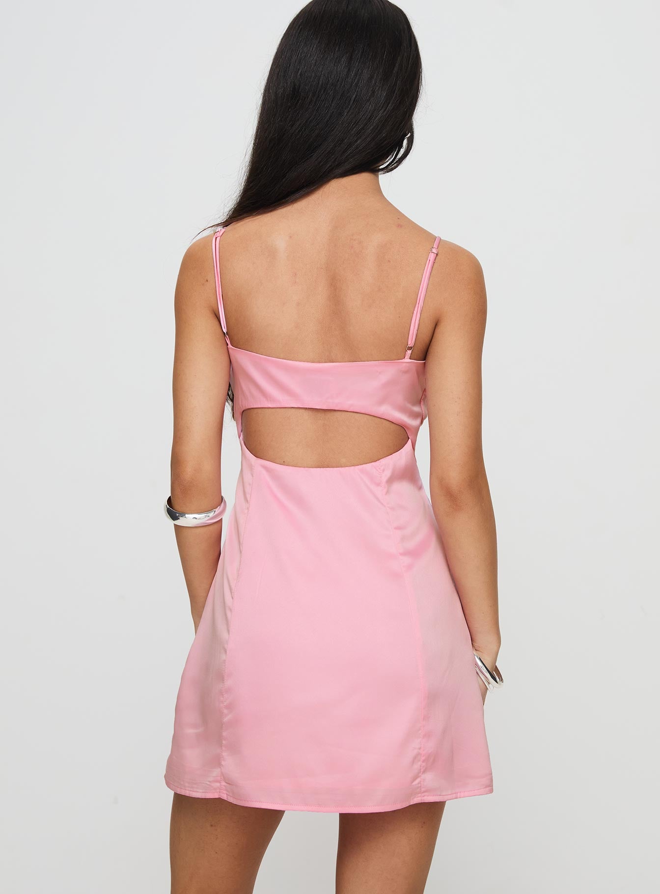 back view of model wearing Princess Polly Karrigan Mini Dress Pink V-Neck 