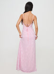 back view of model wearing Princess Polly South Of France Maxi Dress Pink Square Neck 