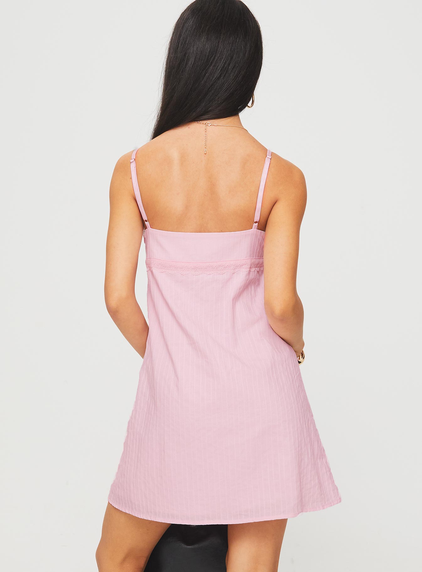 back view of model wearing Princess Polly Lunya Mini Dress Pink V-Neck 