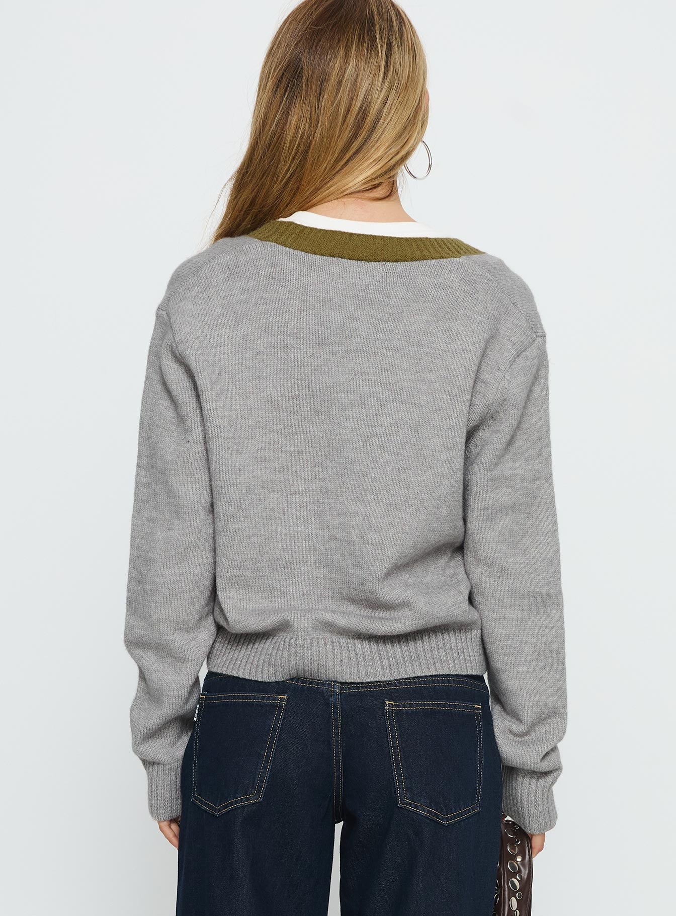 back view of model wearing Princess Polly Atira Contrast Knit Cardigan Grey Cropped 