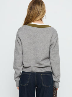 back view of model wearing Princess Polly Atira Contrast Knit Cardigan Grey Cropped 