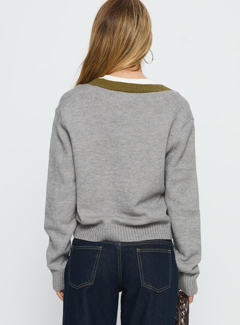 back view of model wearing Princess Polly Atira Contrast Knit Cardigan Grey Cropped 
