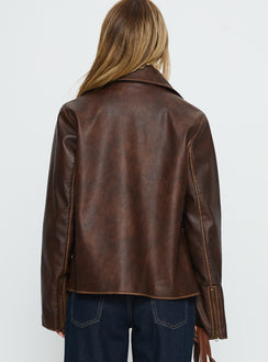 Vyolette Faux Leather Collared Jacket Washed Brown