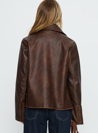 Vyolette Faux Leather Collared Jacket Washed Brown