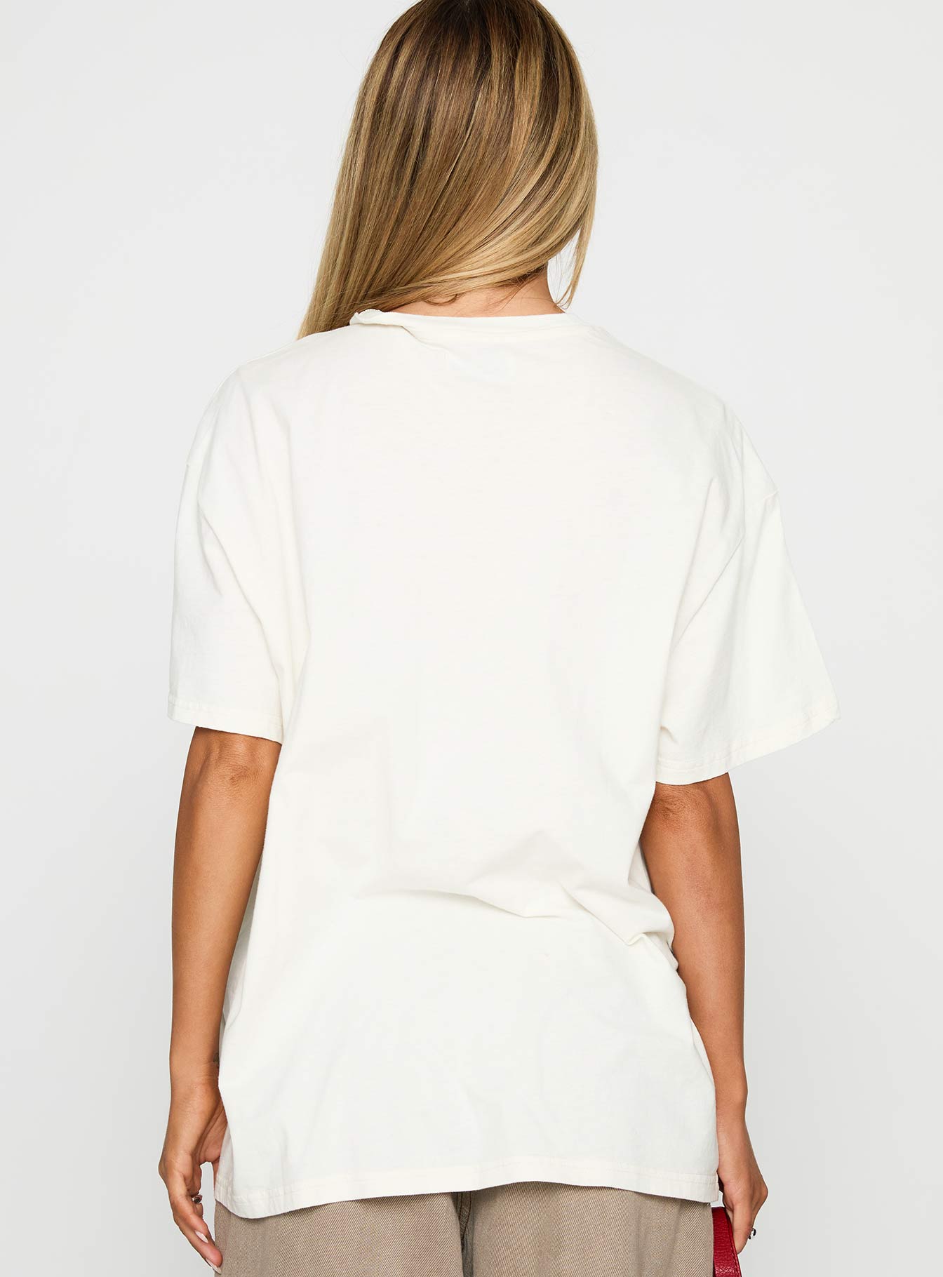 back view of model wearing Princess Polly West Coast Style Oversized Top White Half Sleeves Crew Neck 