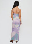 back view of model wearing Princess Polly Norila Maxi Dress Slinky Orchid Petals Lilac Square Neck 