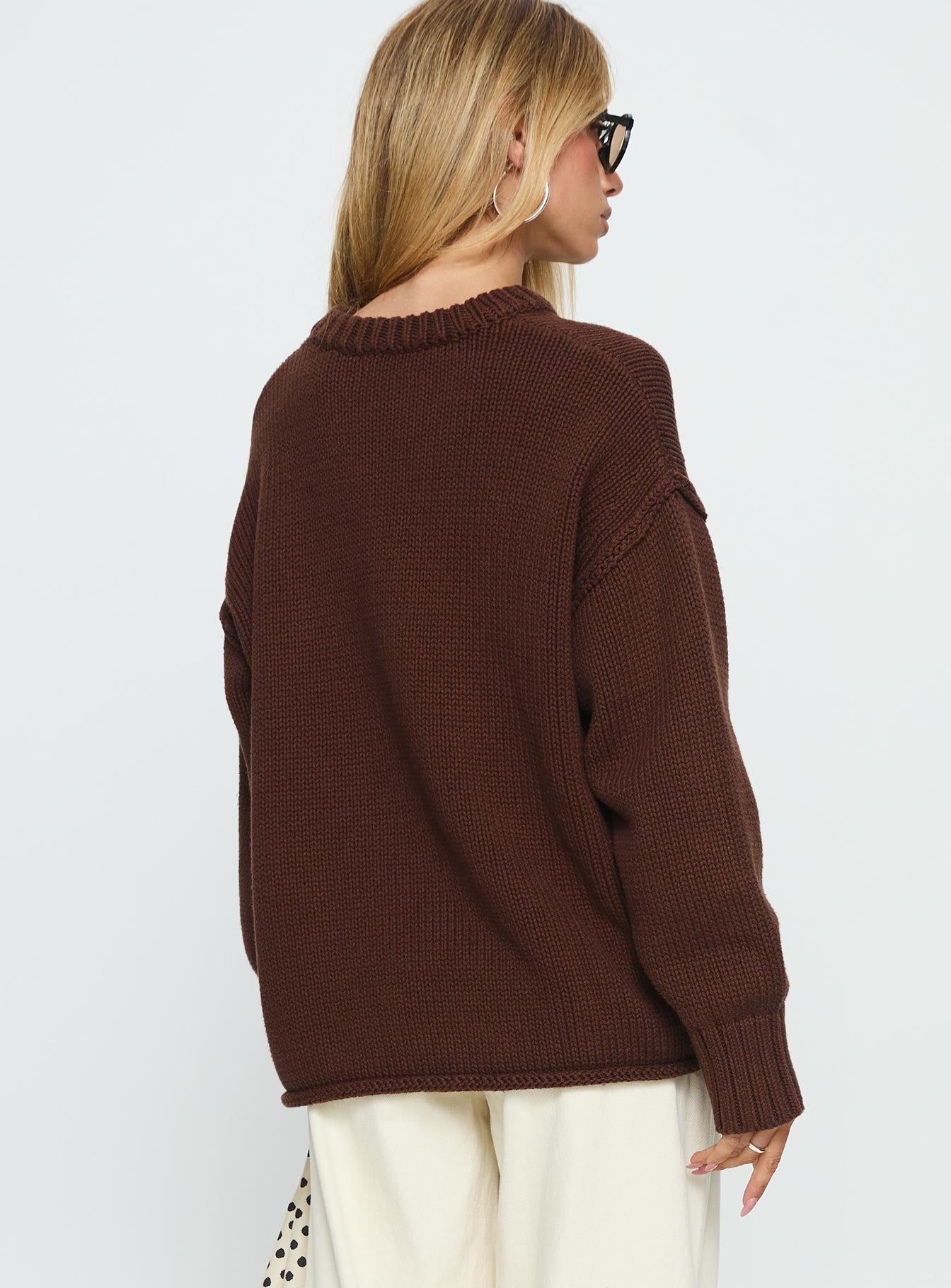 back view of model wearing Princess Polly Wilda Crew Neck Knit Sweater Brown Longline Jumpers 