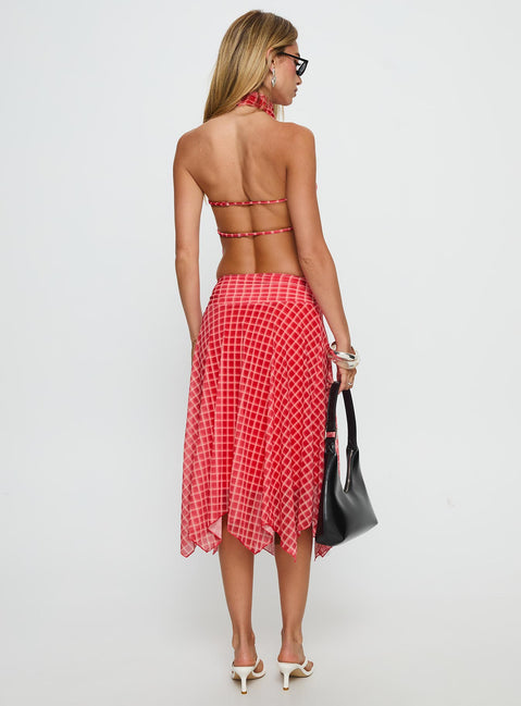 back view of model wearing Princess Polly Scenic Route Asymmetrical Midi Skirt Red Check Midi Skirts 