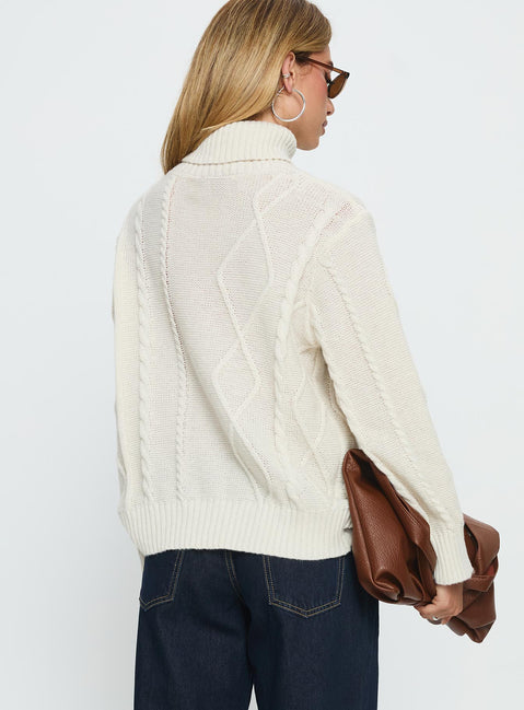 back view of model wearing Princess Polly Tarynne Cable Knit Turtle Neck Sweater Beige Long 