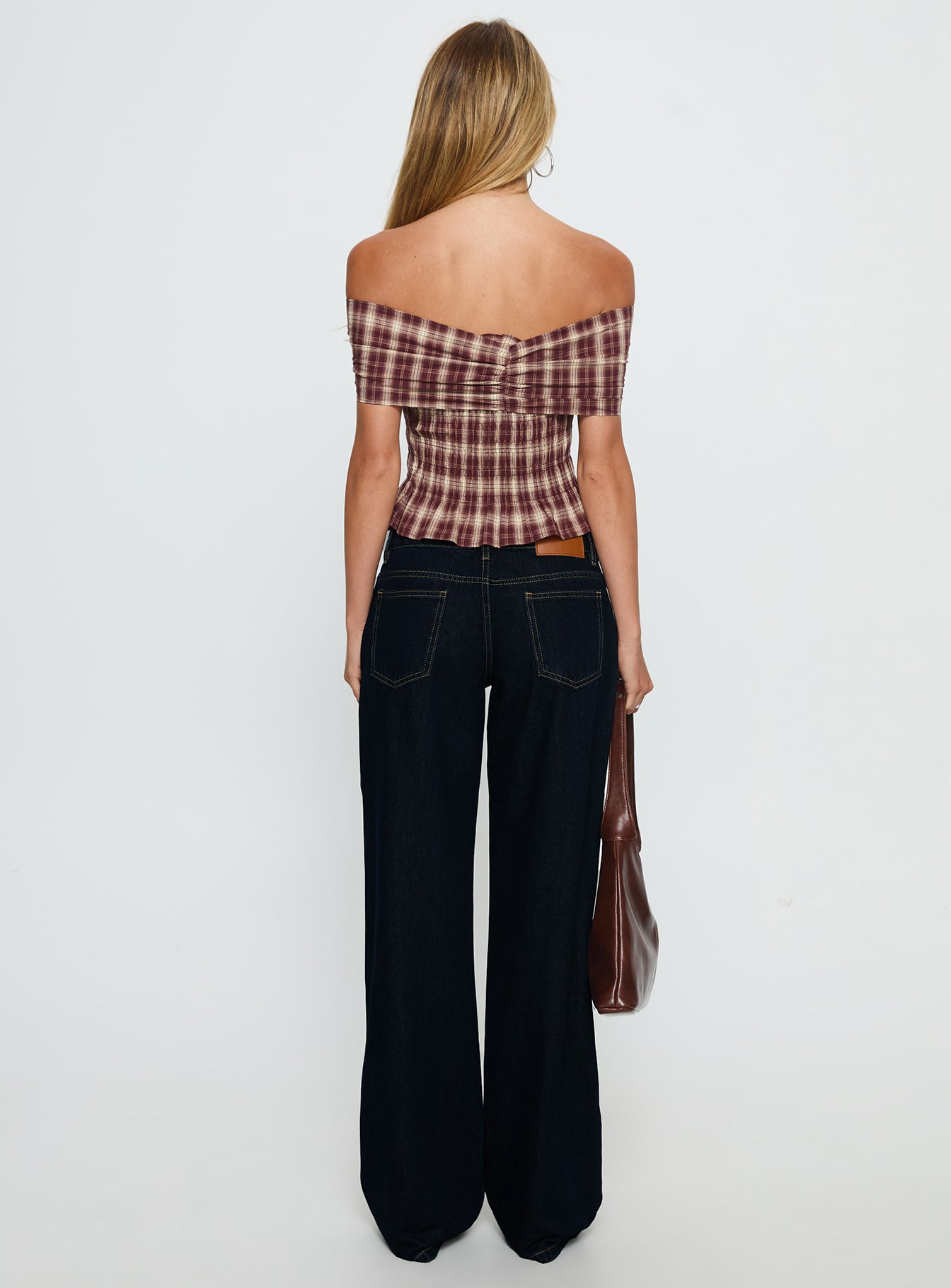 back view of model wearing Princess Polly Tidal Wave High Rise Straight Leg Jeans Raw Denim Mid Rise Jeans 