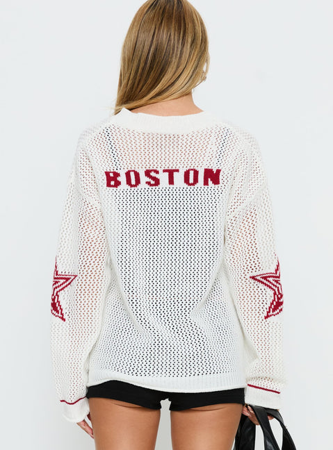 back view of model wearing Princess Polly Korrin V Neck Graphic Knit Sweater White 