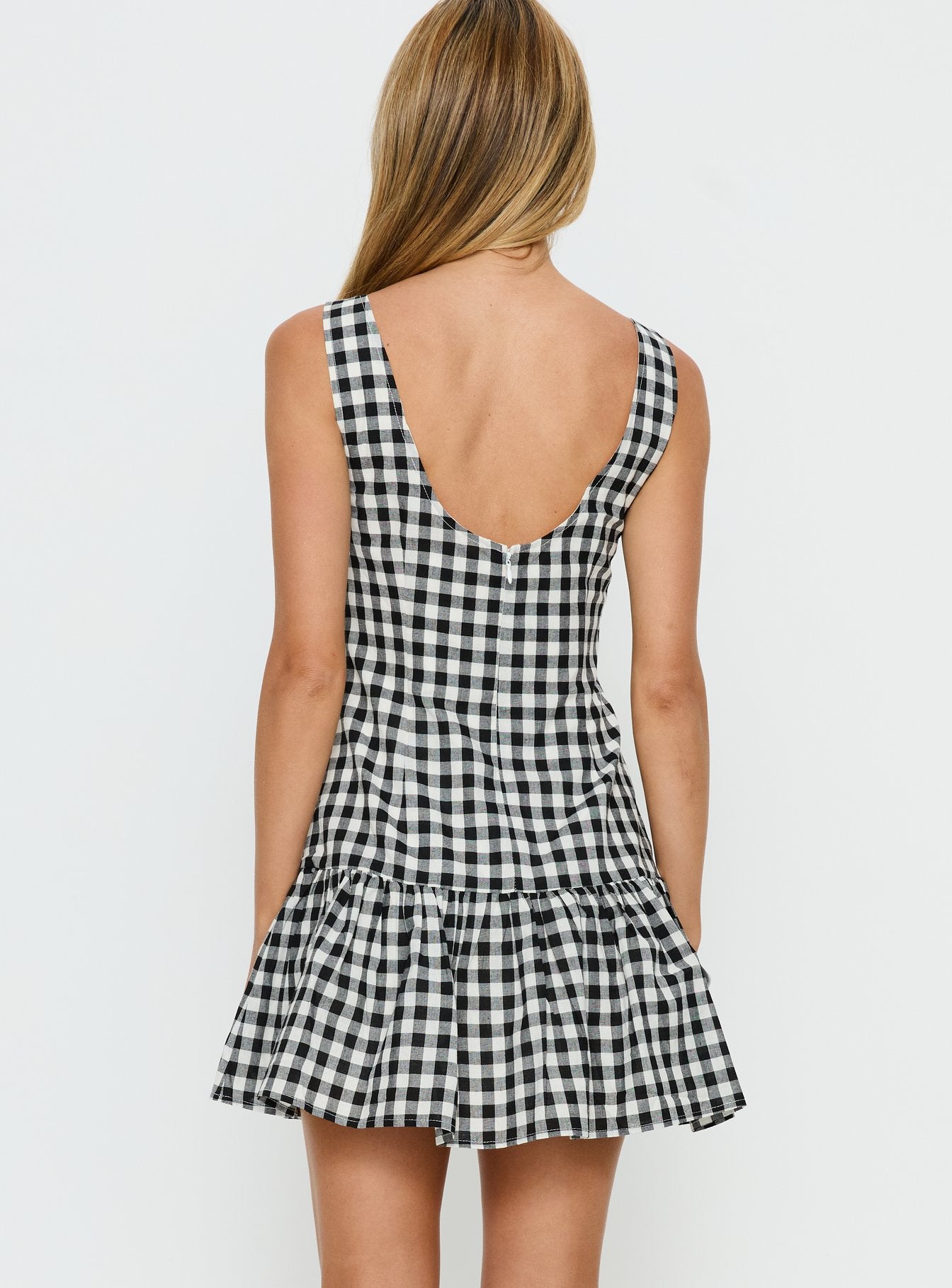 Kolbie Boat Neck Frill Mini Dress Black / White Check