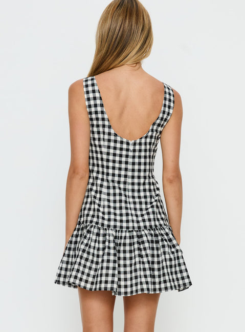 Kolbie Boat Neck Frill Mini Dress Black / White Check