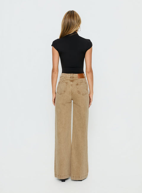 back view of model wearing Princess Polly Goldie High Rise Wide Leg Jeans Tan High Rise Jeans 
