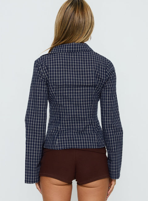 Cottesloe Long Sleeve Blouse Top Navy Check