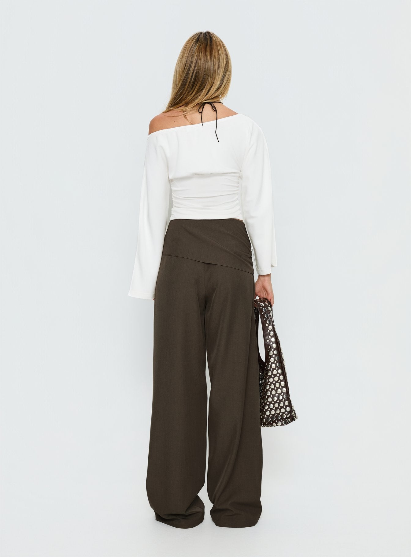 back view of model wearing Princess Polly Elisson Layered Buckle Pants Grey Mid Rise Pants 