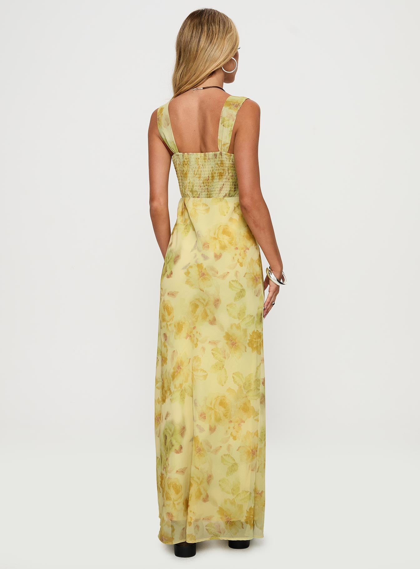 back view of model wearing Princess Polly Fernwood Maxi Dress Yellow Multi Plunger 