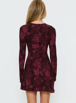 Vivre Long Sleeve Mini Dress Burgundy Paisley
