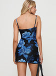 back view of model wearing Princess Polly Kellers Mini Dress Floral Black / Blue Square Neck 