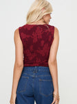 red Corset top Textured floral print, tie fastening at front, fixed straps