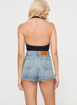 Denim shorts High rise fit, classic five pocket design, belt looped waist, zip & button fastening, distressed detail, raw edge hem, branded patch at back