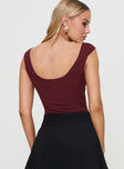 back view of model wearing Princess Polly Zenon Bodysuit Wine Sleeveless 