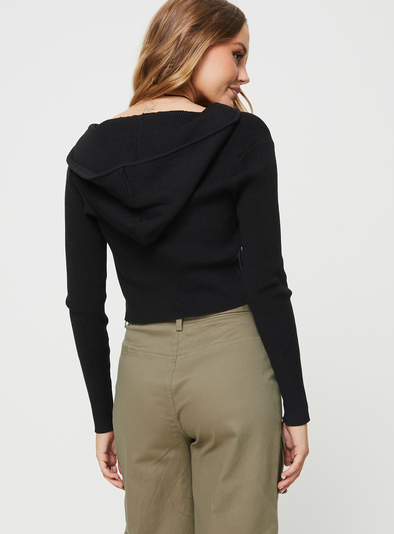 back view of model wearing Princess Polly Cher Zip Up Knit Sweater Black Cropped 