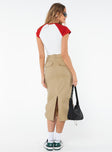 Cargo midi skirt, mid rise Belt looped waist, zip and button fastening, five pockets, split at back