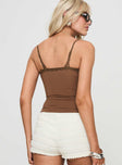 back view of model wearing Princess Polly Biline Top Brown Sleeveless V-Neck 