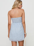 back view of model wearing Princess Polly Rosenberg Strapless Mini Dress Blue Sweetheart Neckline 