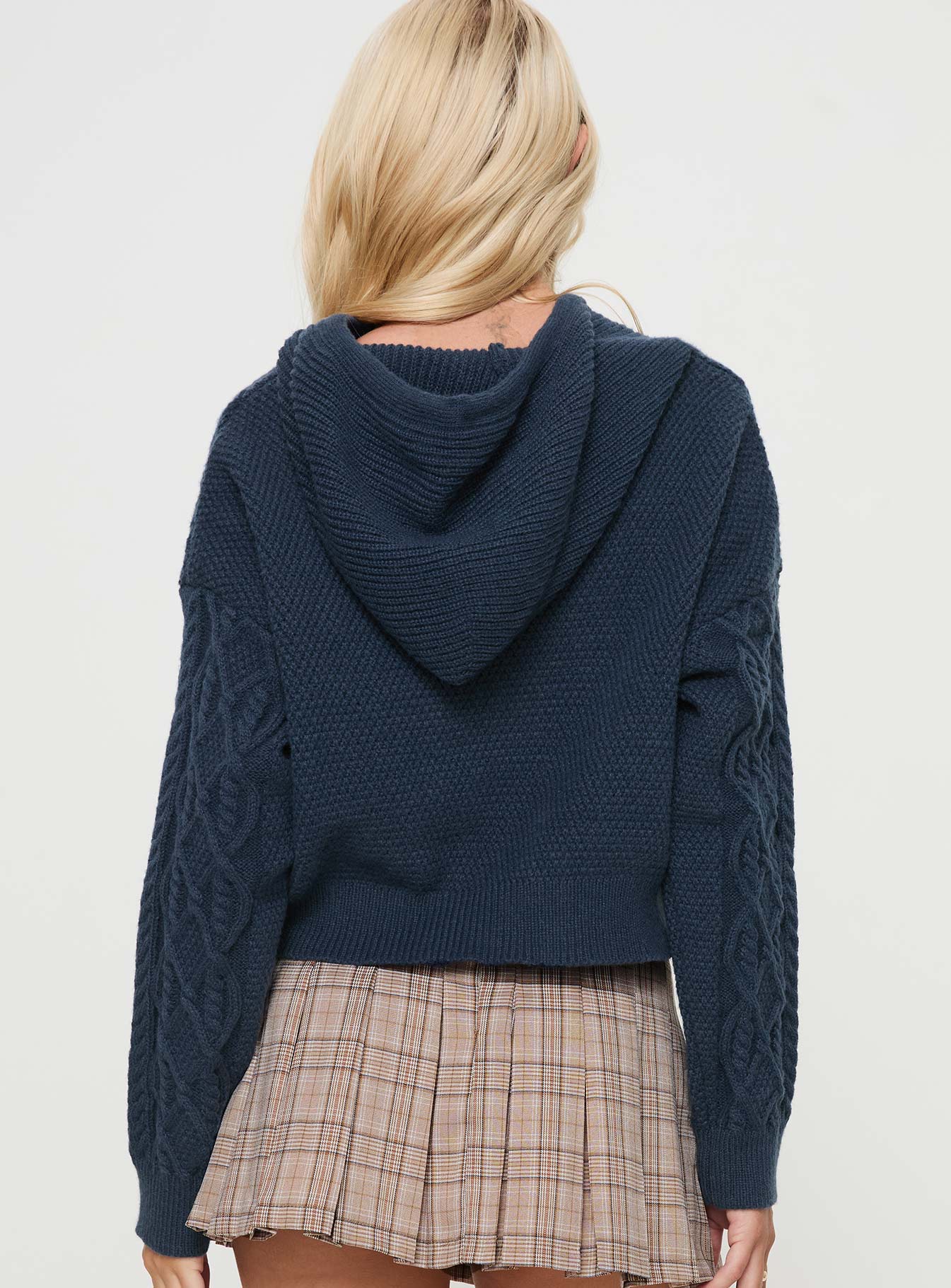 back view of model wearing Princess Polly Jorvik Cropped Cable Knit Hoodie Navy Cropped 