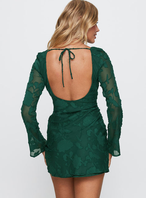 Jadee Long Sleeve Mini Dress Green Burnout | Princess Polly Jadee Long Sleeve Mini Dress Green Burnout | Princess Polly