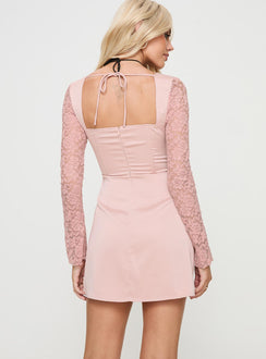 back view of model wearing Princess Polly Markwell Long Sleeve Mini Dress Pink Sweetheart Neckline 