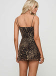 back view of model wearing Princess Polly Sugar Mini Dress Leopard Cowl Neck 