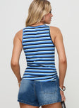 back view of model wearing Princess Polly Kingsbridge Top Blue Stripe Sleeveless Crew Neck 