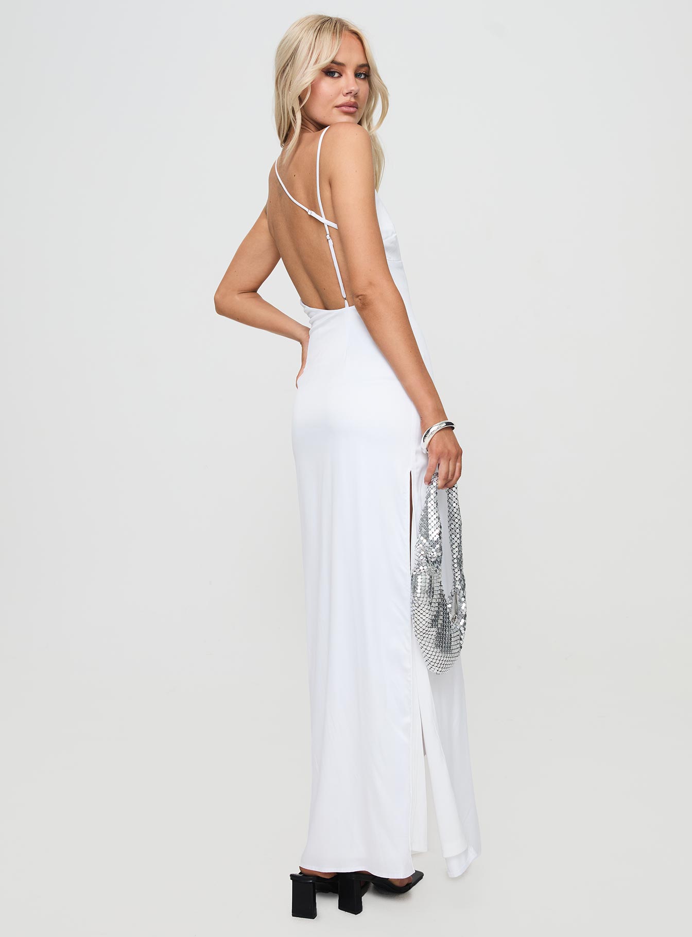 back view of model wearing Princess Polly Atheria Maxi Dress White Plunger 